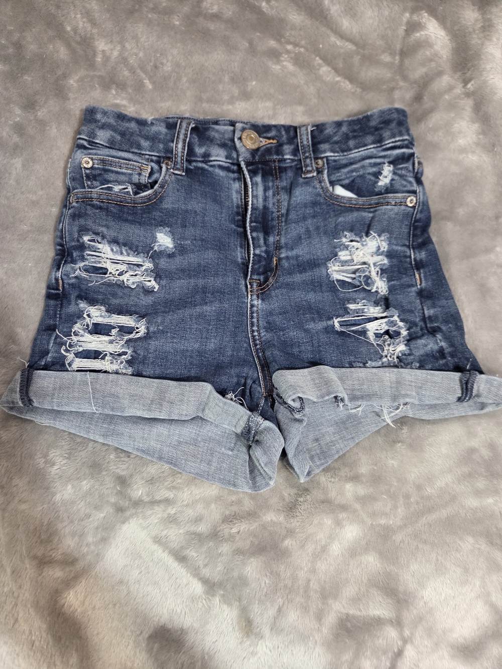 American Eagle High-Rise Distressed Dark Blue Denim Shorts with Cuffed Hem